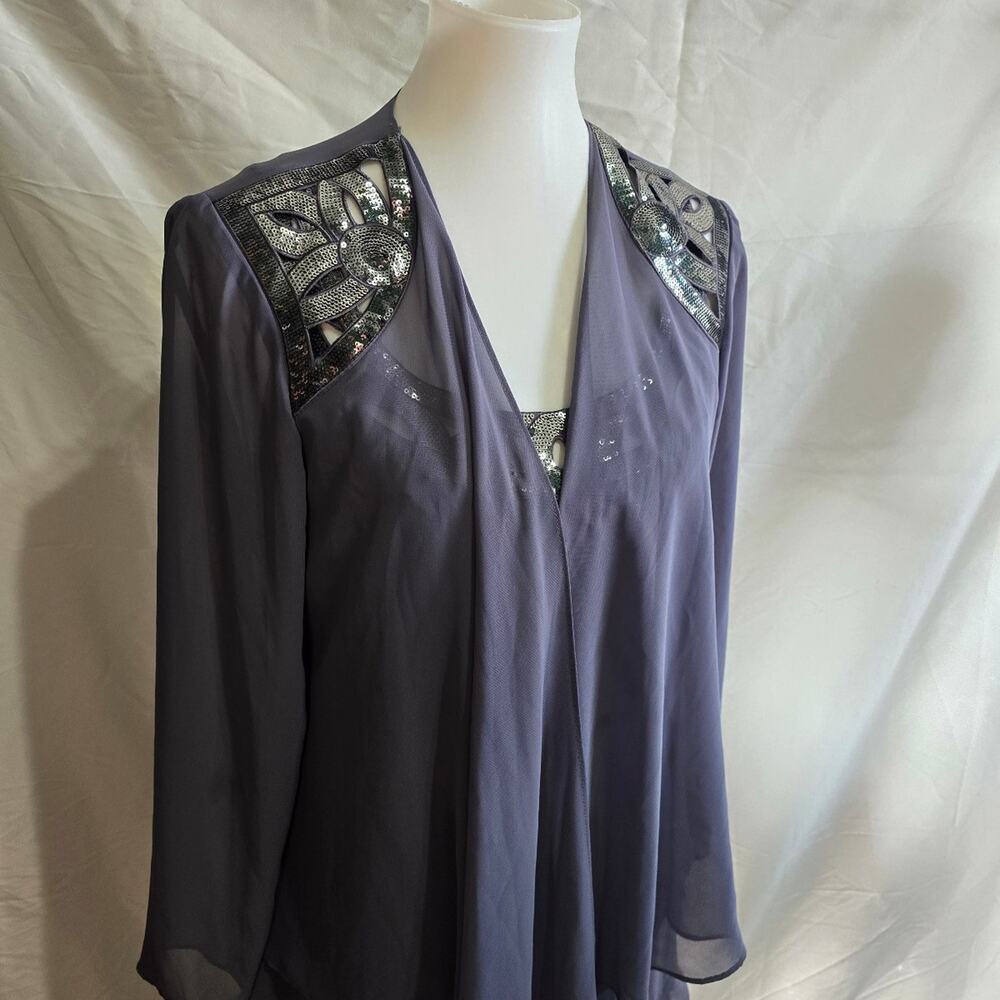 SLNY Women's Navy Sequined Neck Detail Tiered A-Line Dress with Over Coat Size 8 - Picture 3 of 6